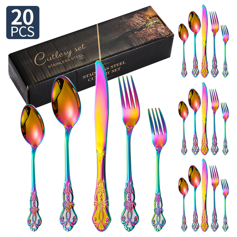 Amazon corte imperial cubiertos de acero inoxidable cuchillo y tenedor cucharas 20 / 24 / 30 piezas conjunto retro relieve cuchillo y tenedor de filete occidental