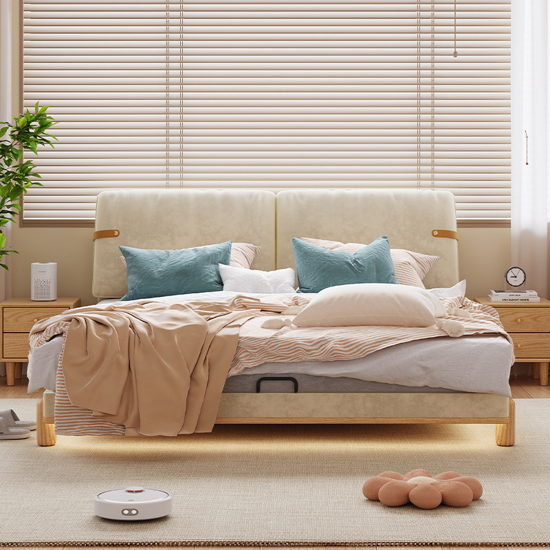 Cama de madera sólida de orejas moderna y simple estilo nórdico crema de viento pequeño dormitorio estilo japonés red de madera roja cama doble