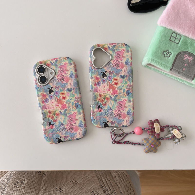 Estilo pastoral pintura al óleo flores de colores conejo para iphone15/16 funda para teléfono móvil 16Pro chica 14PM dibujos animados