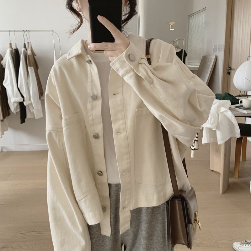 棉工装外套女秋季新款韩版宽松显瘦大口袋长袖复古简约上衣