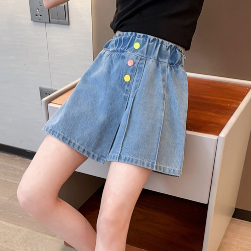 Wholesale Solid Color Denim Shorts for Girls and Boys - Summer 2024 New Arrival High-Waisted Slimming Shorts with Button Design - Korean Style