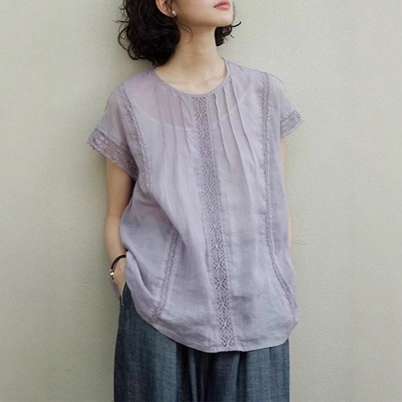 Relaxed Japanese Style Round Neck Lace Splicing Shirt for Women 2025 Summer Retro Casual Chic Loose Purple Top
