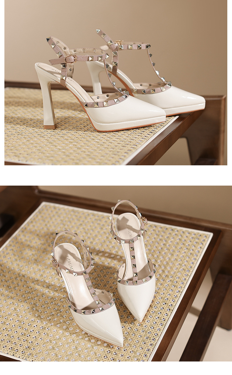 Giày sandal cao gót nữ mũi nhọn đinh tán gót nhọn, phong cách cá tính — Trắng be chi tiết 9