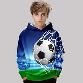 时尚足球3D印花男童长袖连帽衫，保持时尚舒适的卫衣