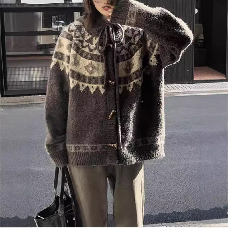 Artistic Retro Style Hooded Jacquard Sweater Jacket Design Sense Niche Lazy Style Horns Knitted Cardigan Sweater
