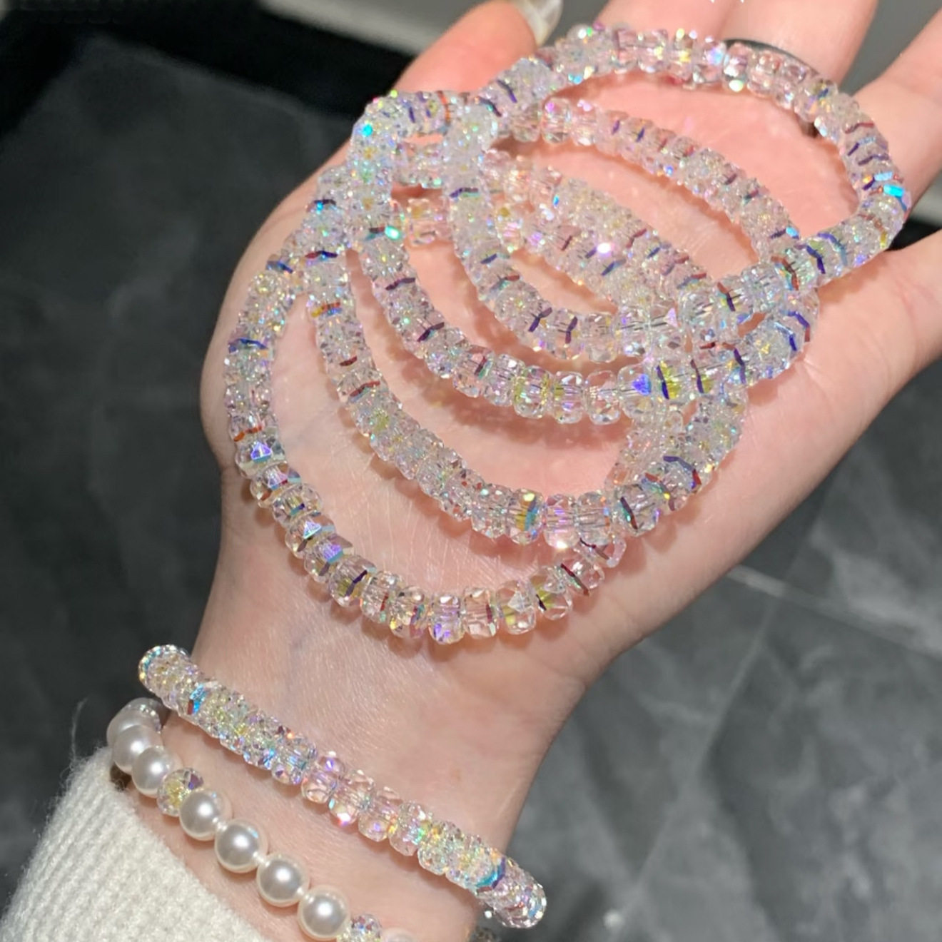 Ice Cubes Sparkle! Summer Austrian Iridescent Straight-Cut White Crystal Niche Bracelet for Women, New Style Bracelet Accessory