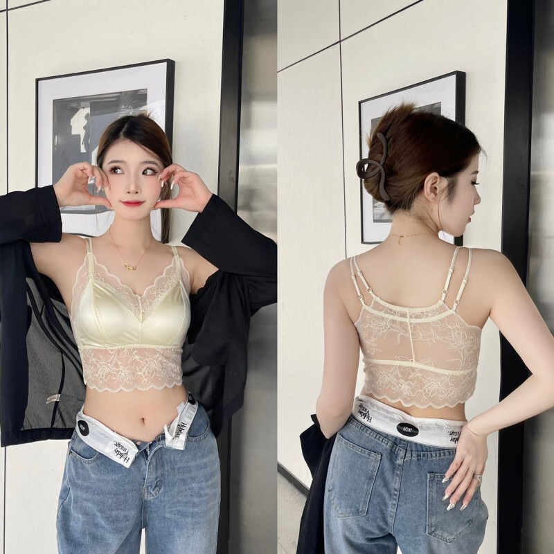 Tiktok Hot-Selling 82422 Lace Satin Camisole with Beautiful Back Design, Fixed Cup Inner Tank Top, Short Sexy Style