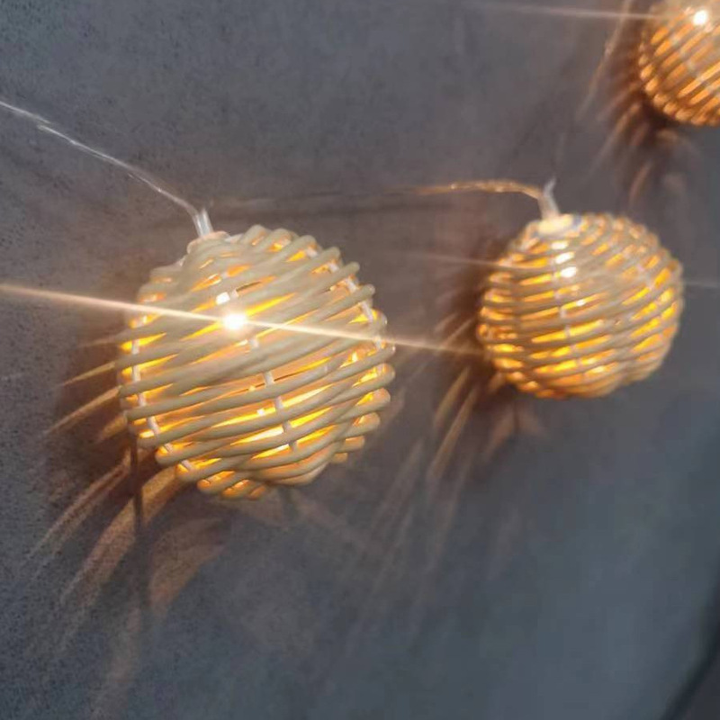Imitation Rattan Takraw Ball Solar Led String Light Lampshade Outdoor Garden Balcony Atmosphere Light Rattan Decoration Waterproof