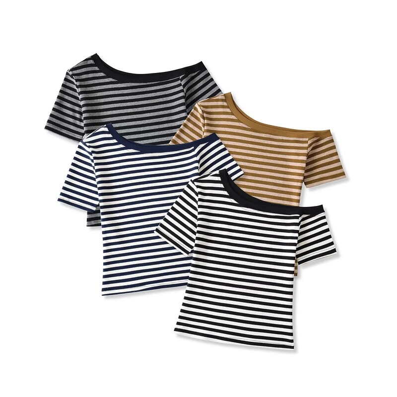 Striped Short-sleeved T-shirt Women's Sense Tight Summer Slant Shoulder Top Asymmetrical Spice Girl off-shoulder Design 2025 Slimming Cotton