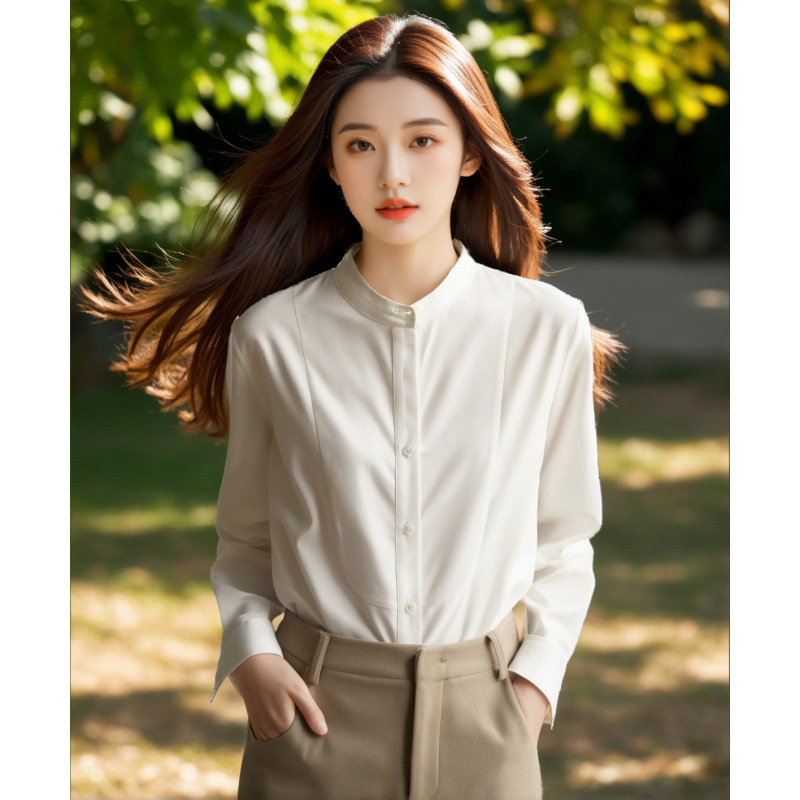 흰 셔츠 여성 디자인 감각 틈새 통근 전문 작은 수직 칼라 셔츠 긴 소매 911