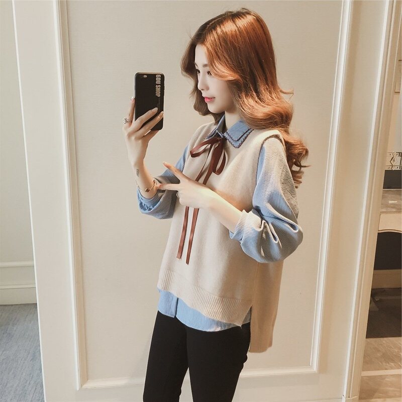 Spring 2025 women's Korean-style long-sleeved base shirt and vest two-piece set, loose and versatile shirt, trendy Spring 2025 women's Korean-style long-sleeved base shirt and vest two-piece set, loose and versatile shirt, trendy