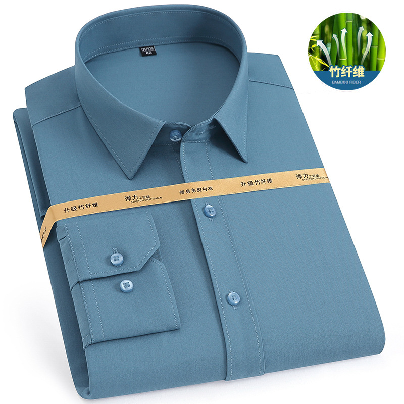 Fibra de bambú no planchar camisa de manga larga de los hombres estiramiento antiarrugas ropa de trabajo color sólido slim fit camisa de negocios