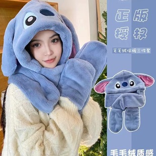 Genuine stitch plush hat scarf gloves integrated cap thickened warm cute hat female winter scarf three-piece set