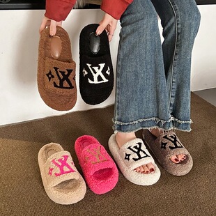 Internet Celebrity Sponge Cake Thick-Soled Letter Furry Slippers for Women's Outer Wear 2025 Winter New Style Small Fragrant Lamb Wool One-Word Cotton Slippers