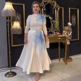 亚马逊2024欧美秋季季新款定位印花长袖上衣压折大摆裙两件套女装
