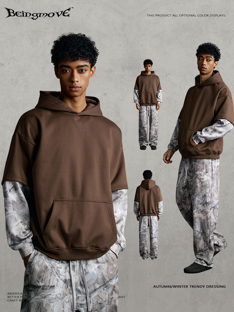 Calle secada| 2025 otoño de moda americana juvenil falso dos piezas de color camuflado suelto chaqueta con capuz para hombre