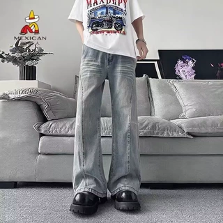 跨境美式复古显瘦阔腿牛仔男女春夏薄款高腰设计感小众直筒微喇长