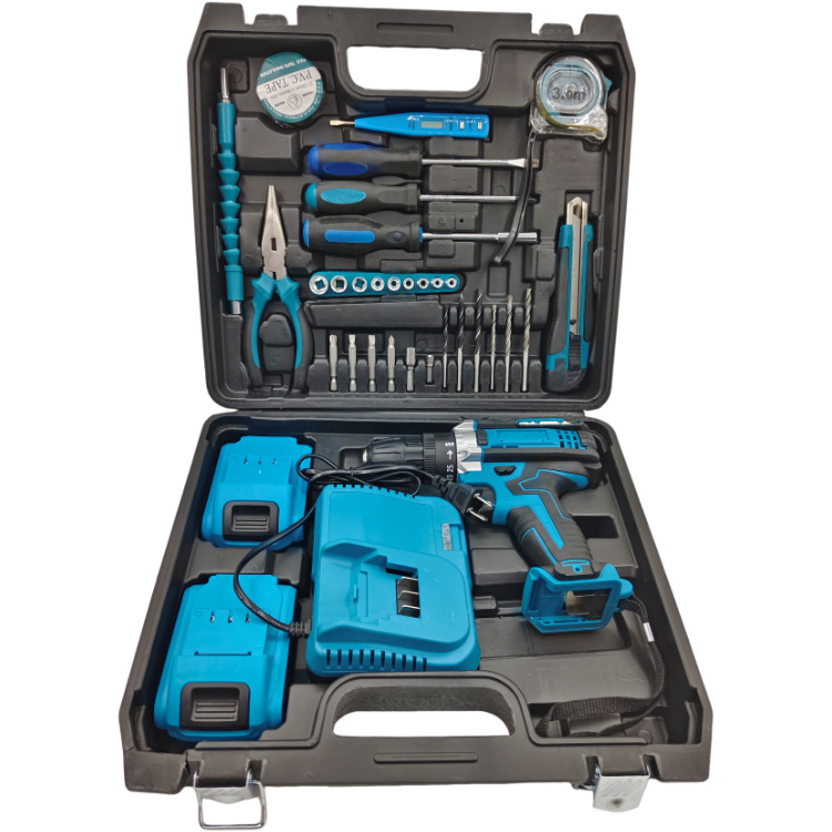 Fábrica de fuente de litio conjunto completo de accesorios hierro pinza taladro eléctrico de impacto de doble velocidad 21v taladro eléctrico de litio torsión súper fuerte