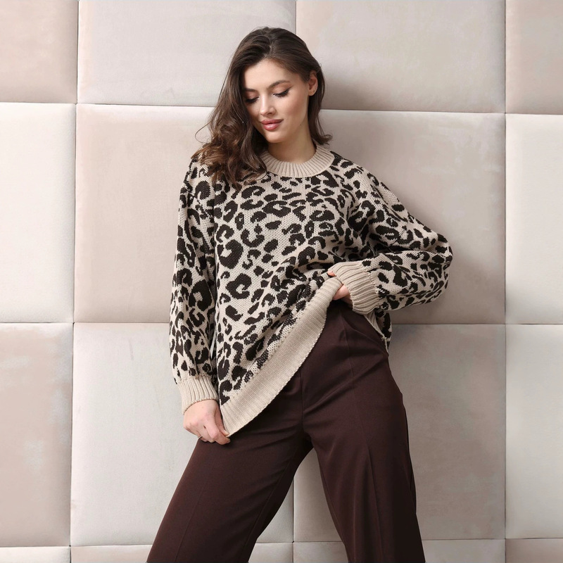 Cross-Border Women's Autumn and Winter Leopard Print Jacquard Round Neck Knit Sweater Loose Drop Shoulder Lantern Sleeve Casual Pullover Top