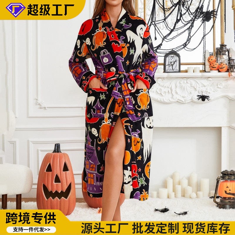 Cross-Border European and American 2026 Women's Halloween Pajamas, Nightgowns, Bathrobes, Comfortable Printed Cardigans, Casual Loungewear with Prints
