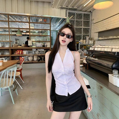 纯欲无袖挂脖衬衫女夏季修身显瘦条纹衬衣设计感小众收腰短款上衣