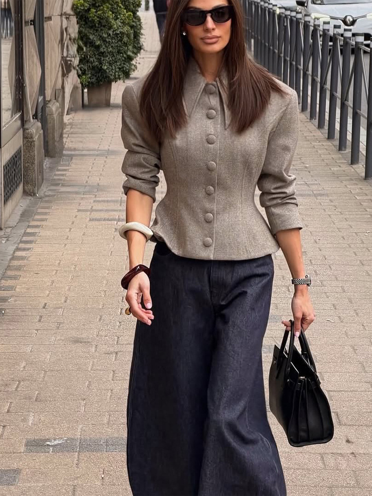Qadın qısa gödəkçə, retro yaxalıq, beli bağlanan, tək düyməli