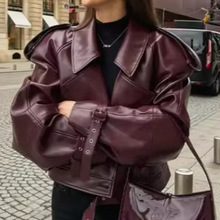 欧美跨境现货秋冬女式皮衣个性街头PU翻领可调节袖口复古机车夹克