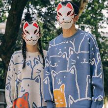 小猫港味可爱情侣毛衣男日系复古针织衫慵懒风毛衫外套韩版