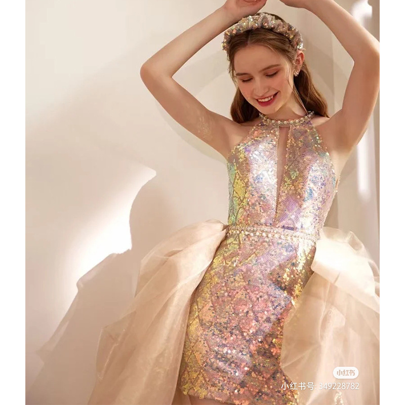 Vestido de pasarela de nuevo estilo 2026, corto por delante y largo por detrás, rosa, para brindis de boda, banquete, actuación, compromiso y boda