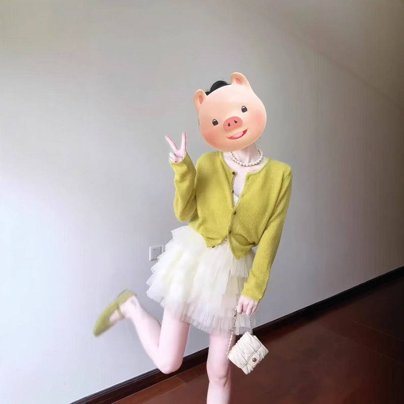 Dopamine Mustard Yellow Knitted Cardigan Women's Spring Thin Outer Sunscreen Blouse Cake Fluffy Skirt suit
