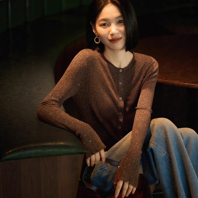 2025 New Autum Round Neck Sweater Cardigan for Women, Fine Glitter Knitted Cardigan, Long-Sleeved, Stylish and Versatile Jacket