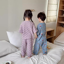 初辰25夏季新款儿童棉纱布家居服男女童双层绉布睡衣短袖长裤套装