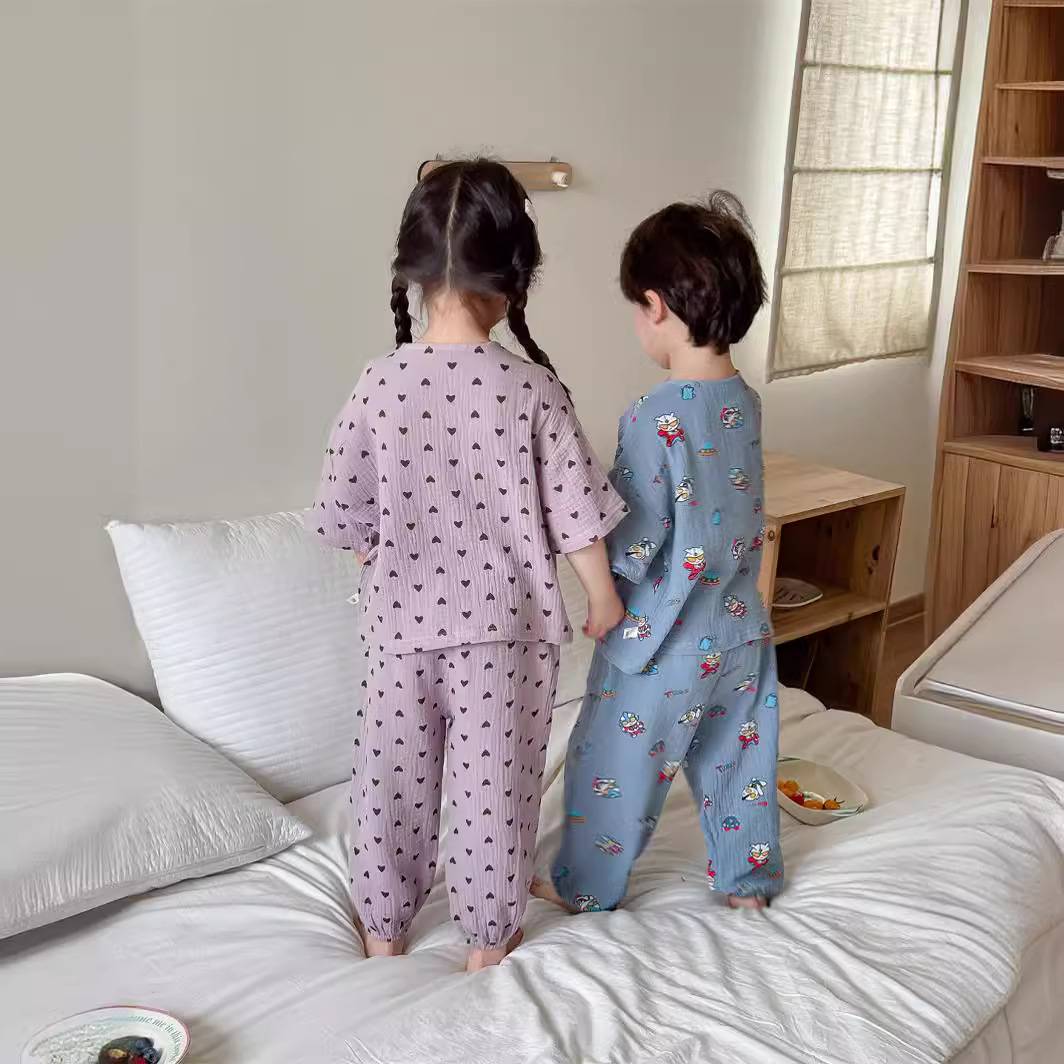 初辰25夏季新款儿童棉纱布家居服男女童双层绉布睡衣短袖长裤套装