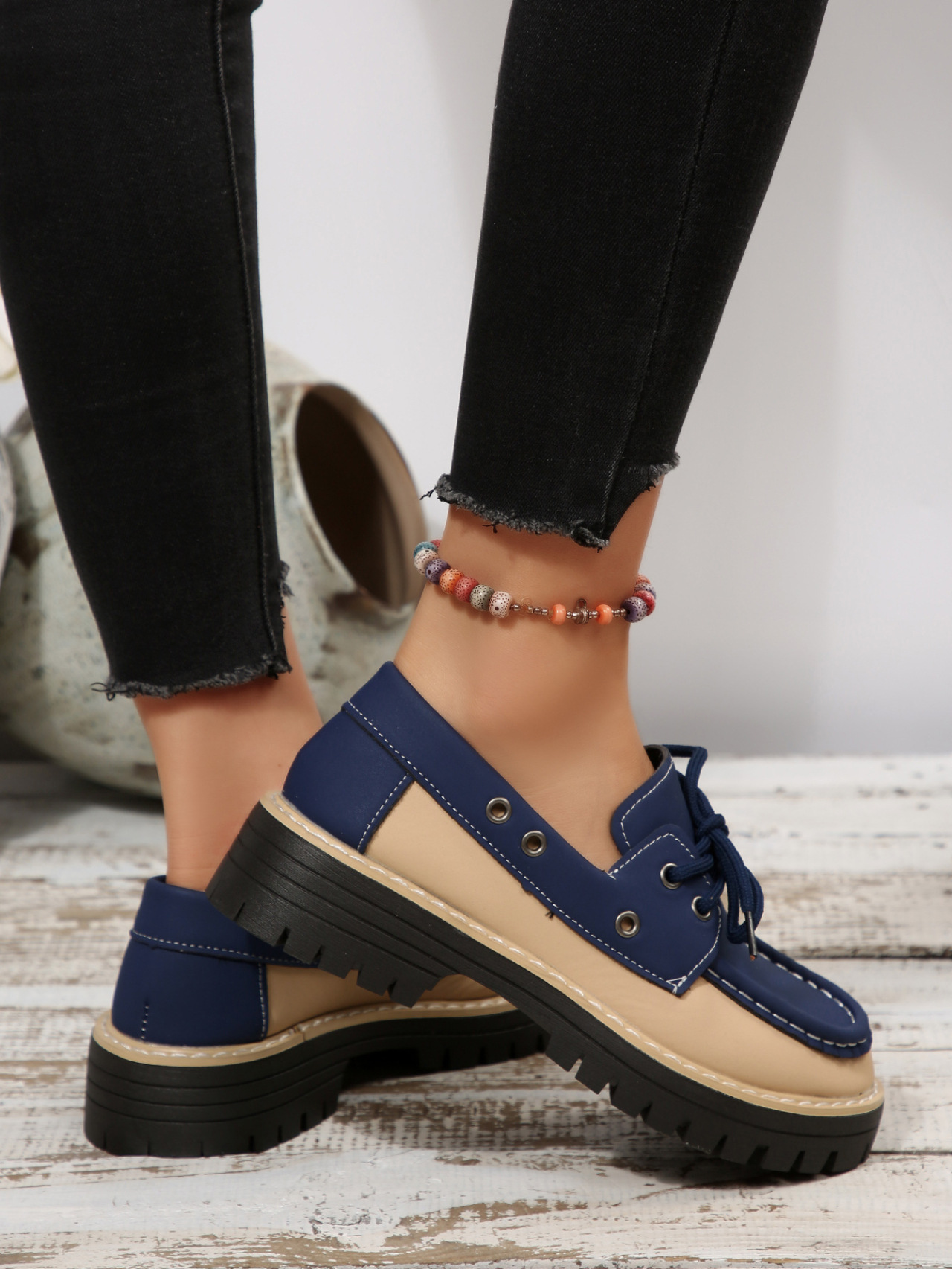 Women's Colour Block Loafers Lace Up Thick Sole Platform Shoes_voghion.com
