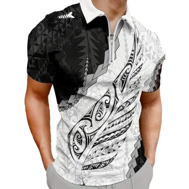 Venta caliente color de contraste abstracto hojas geométricas impresión 3D hombres calle alta todo fósforo solapa de hombro suelta cremallera camisa POLO