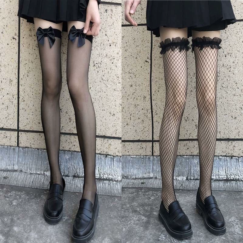 Белые кружевные колготки с бантом, черные носки, стиль Lolita, середина голени