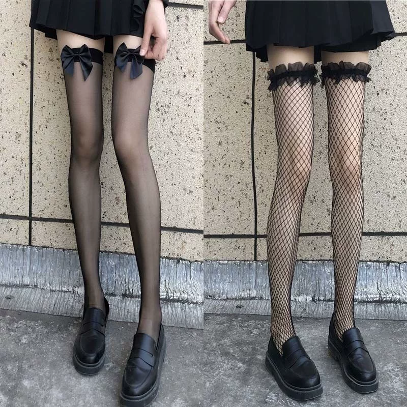 Белые кружевные колготки с бантом, черные носки, стиль Lolita, середина голени