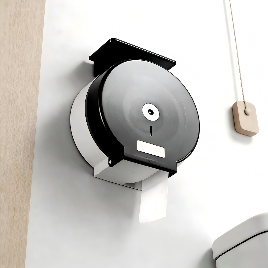 Caja de pañuelos para sala de estar y baño con tapa, soporte de papel higiénico de plástico para montar en la pared, sin necesidad de taladrar.