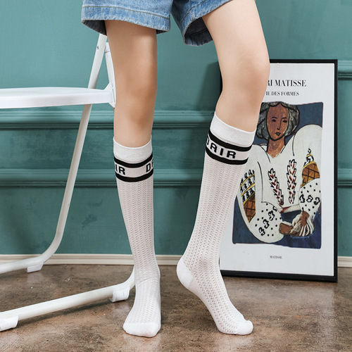 Striped women's mesh hollow knitted spring and autumn mid-length calf socks autumn Internet celebrity thin D family letter socks ins trend
