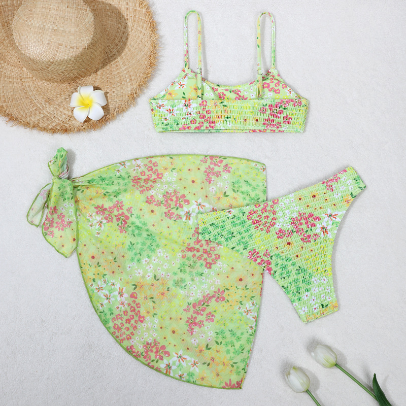 Women's Split Bikini Three-piece Swimsuit Floral Beach Wrap Set_voghion.com