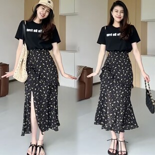Summer Night Flower Language dress Fake Two-piece Slit Slim Waist Tight Shoulder dress Feeding Clothes
