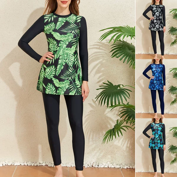 2025 New Cross-Border Foreign Trade Swimwear for Women, Long-Sleeved and Long-Pants Two-Piece Conservative Tankini Swimsuit