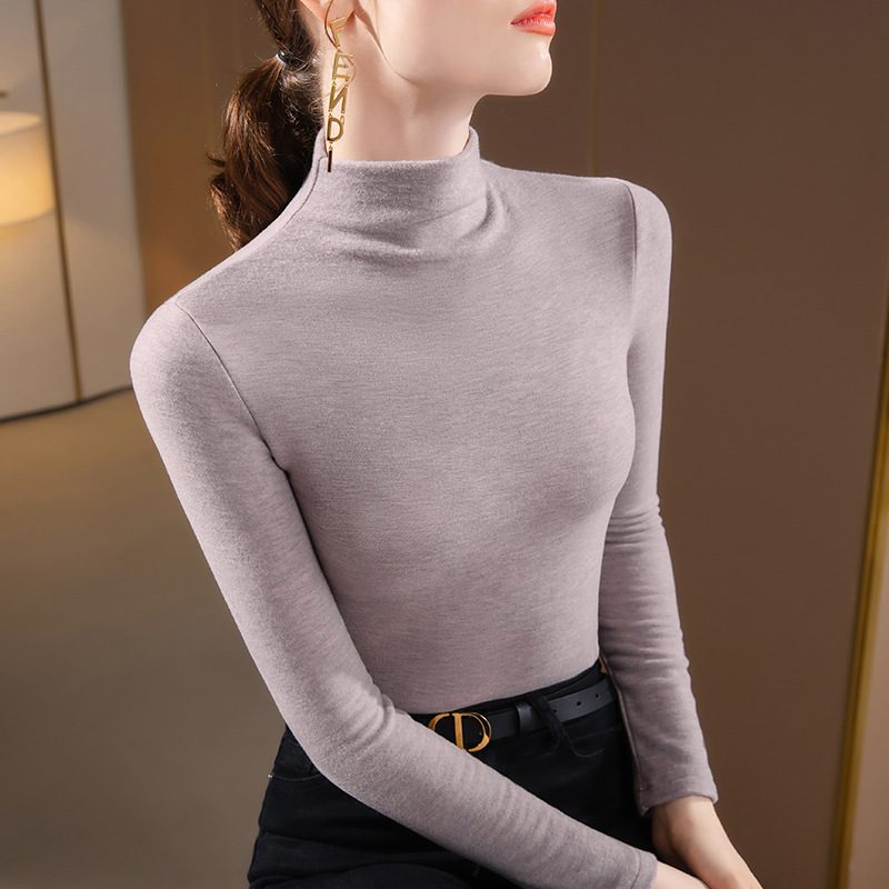 Camisa de fondo de terciopelo de seda de cuello medio alto para mujer 2024 otoño e invierno nuevo estilo de manga larga caliente y camisa ajustada