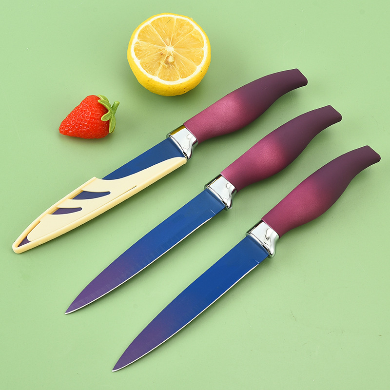 Nueva caja de presentación Mango de caballito de mar Cuchillo multiusos de color degradado Juego de cuchillos de acero inoxidable para cocina con funda de cuchillo Cuchillo de cocina
