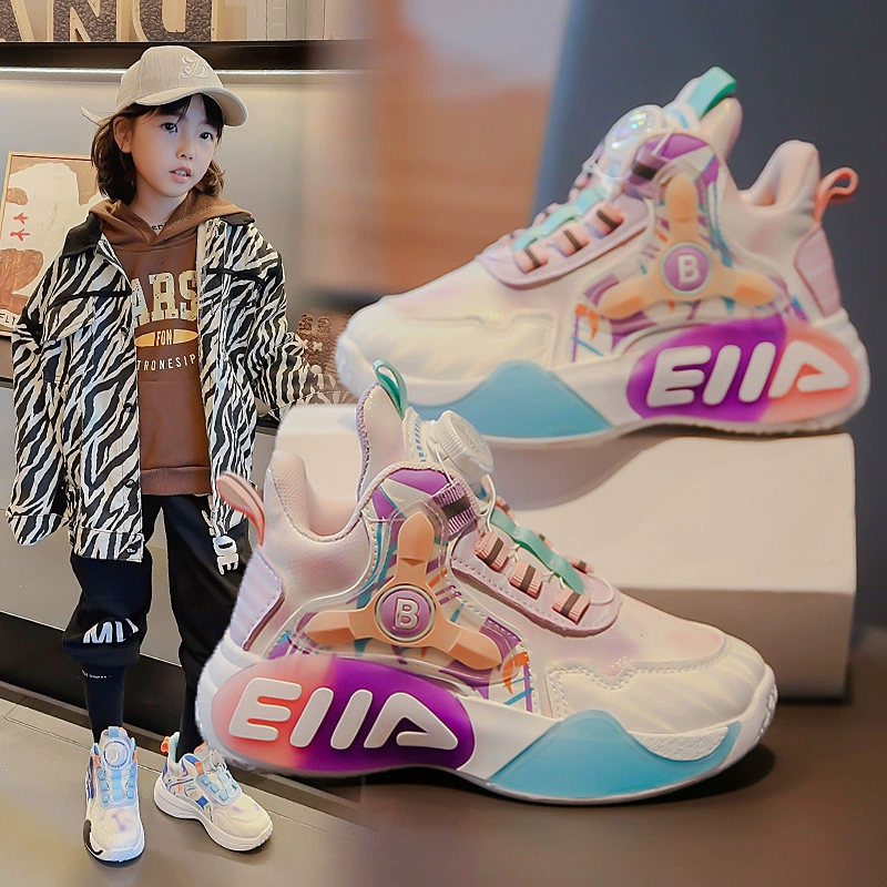 Баскетбольные кроссовки для девочек, весенне-осенние новые детские нескользящие красивые спортивные туфли с вращающимися пуговицами, кроссовки для трибумии на мягкой подошве для мальчиков