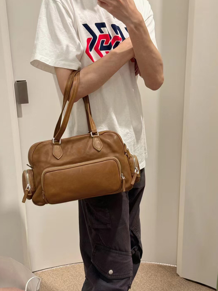 Bolso tote de bolos retro de piel de vaca curtida con plantas Bolso de hombro de cuero Bolso de axila Bolso de locomotora Bolso de almohada Boston