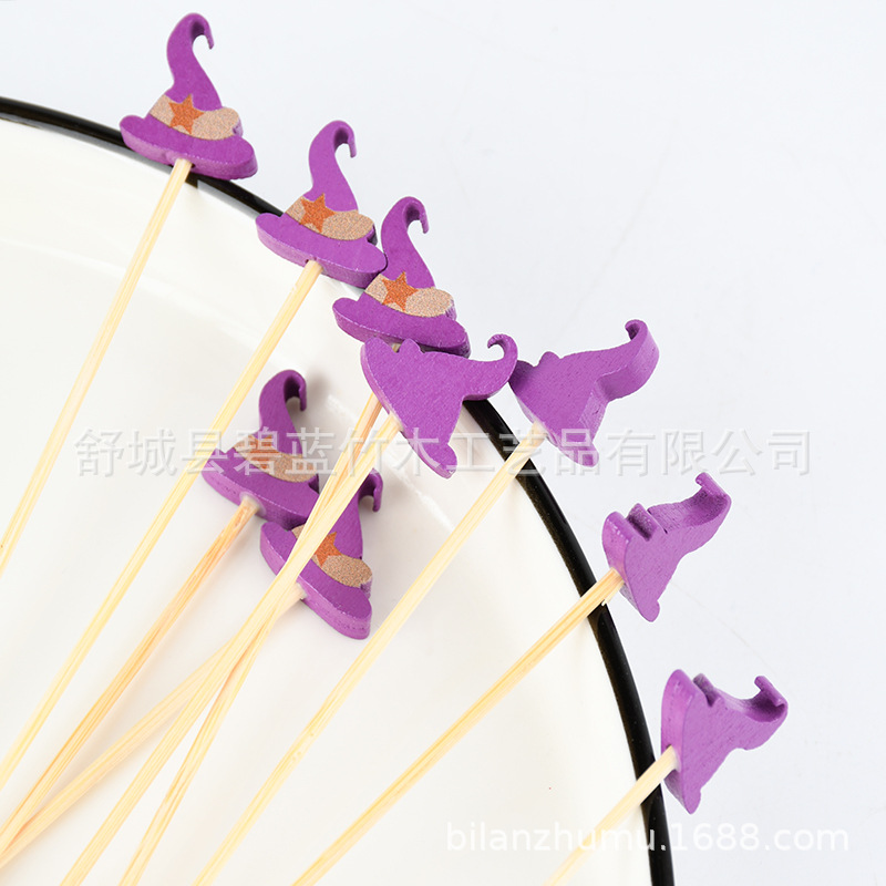 Creativo desechable gorra de bruja palillos de frutas palillos de dientes de dibujos animados palillos de frutas palillos de dientes artísticos palillos de bambú al por mayor