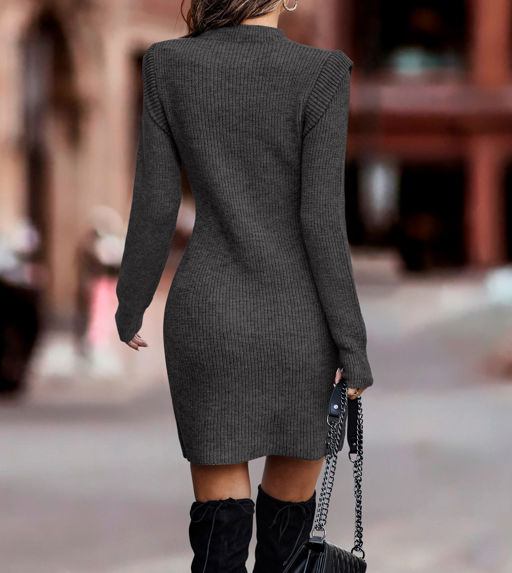 Autumn And Winter Net Color Round Neck Long-Sleeved Hip-Wrapped Sweater Women'S Dress 45 Undefined