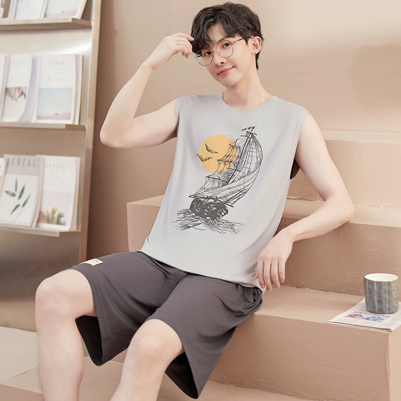 남성 잠옷 여름 모달 얼음 실크 시원한 얇은 조끼 잠옷 느슨한 대형 민소매 홈웨어 세트