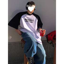 重磅纯棉肩袖短袖T恤美式夏季复古黑白拼接潮牌五分宽松上衣休闲